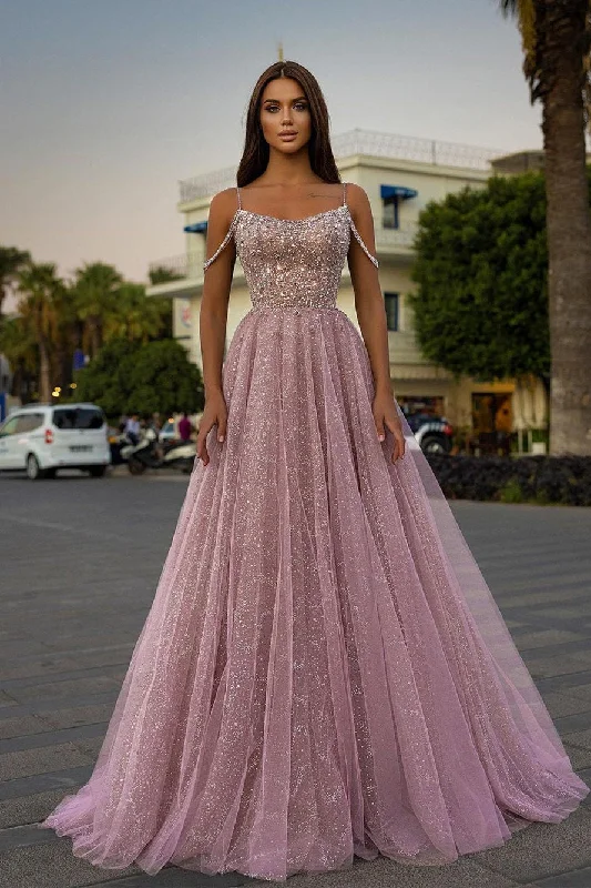 Sparkle Beaded Spaghetti straps A-line Pink Princess Prom Dress Chic unclassified dresses