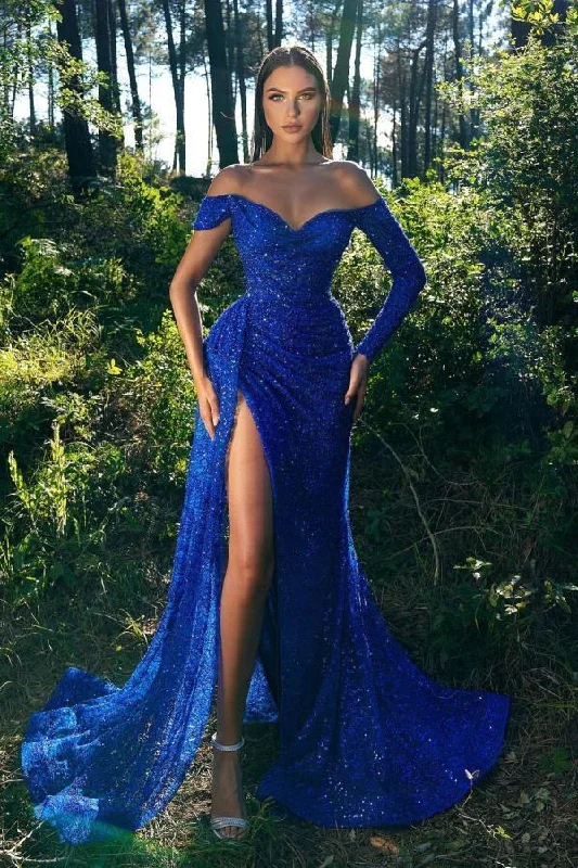 Sparkle Royal Blue One sleeve Off-the-shoulder High Split Prom Dresses Casual unclassified dresses