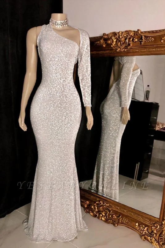 Sparkly One Shoulder Silver Floor Length Column Prom Dresses Ruched unclassified dresses