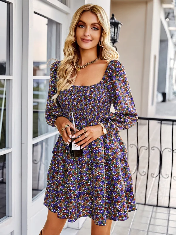 Square Neck Long Sleeve Print Cake Dress Lightweight floral dresses for hot weather