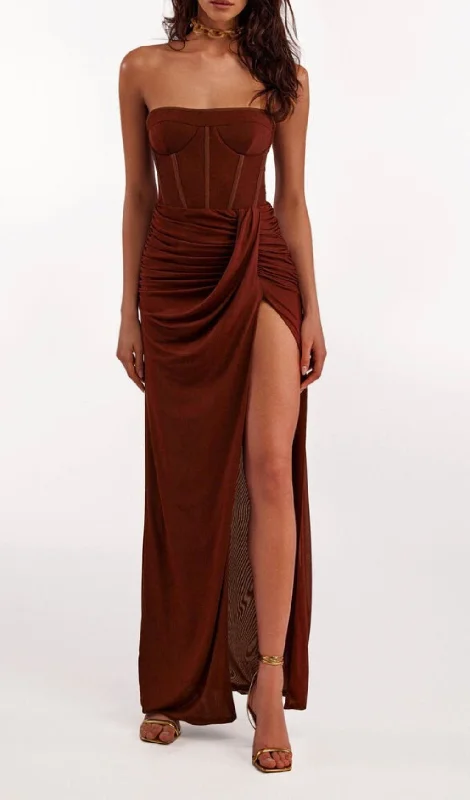 STRAPLESS RUCHED DRESS IN BROWN Luxury unclassified dresses