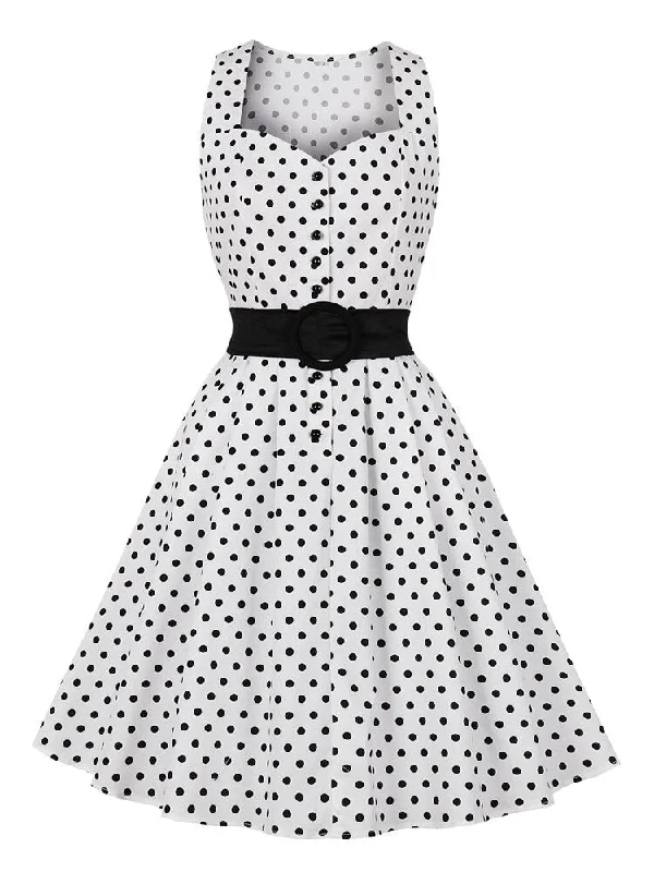 Sweetheart Neck Button Up Pinup Robes Polka Dot Vintage White Women Sleeveless Pocket Side Belted A-Line Dresses Color block unclassified dresses