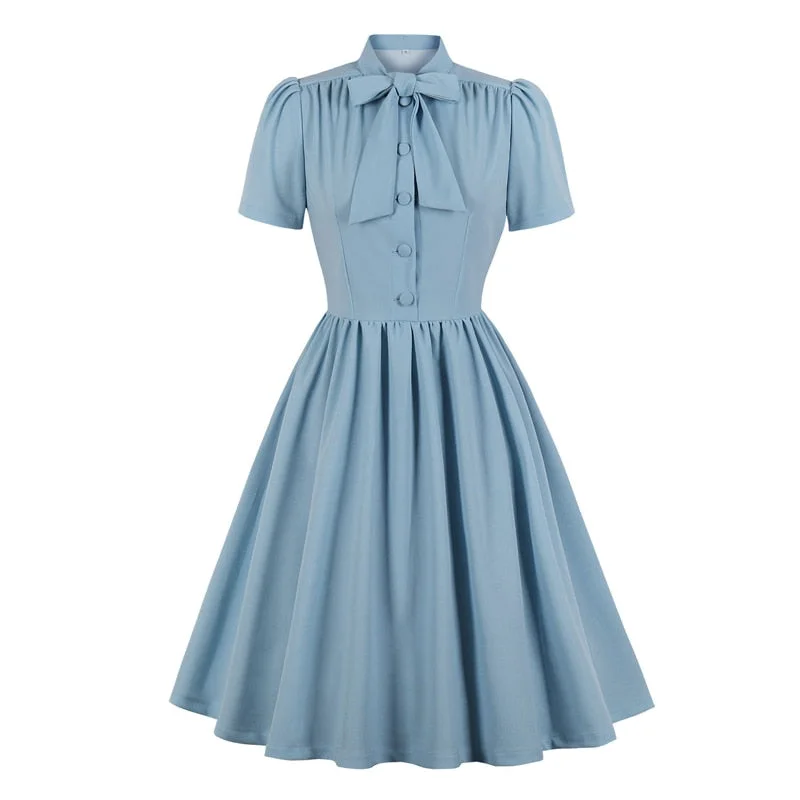 Tie Neck Button Up 50S Pinup Robes Women Vintage Pleated Swing Summer Blue Elegant Retro Ladies Dresses Anniversary unclassified dresses