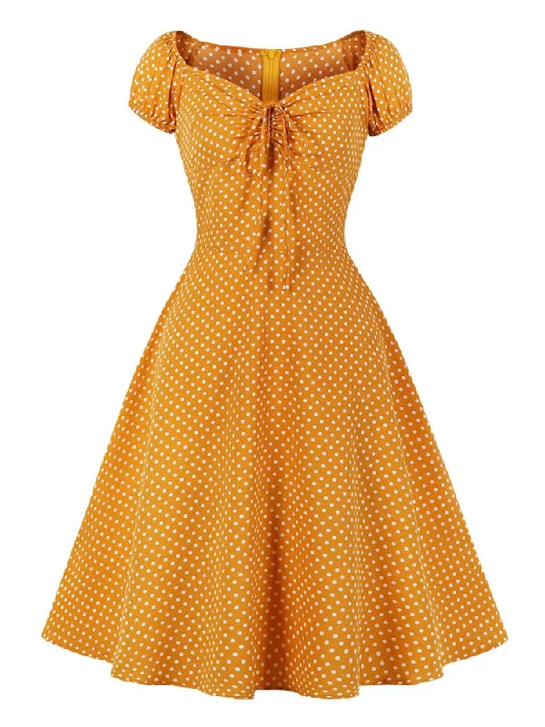 Tie Sweetheart Neck Polka Dot Vintage Women Summer High Waist Retro Casual 1950s Style Dresses Long sleeve unclassified dresses