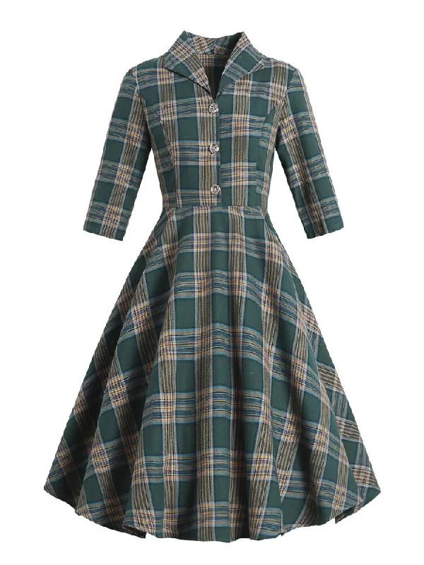 Turn-down Collar Button Up Green Plaid Autumn Winter Vintage Robe Women Elegant Swing Retro Dress Long unclassified dresses