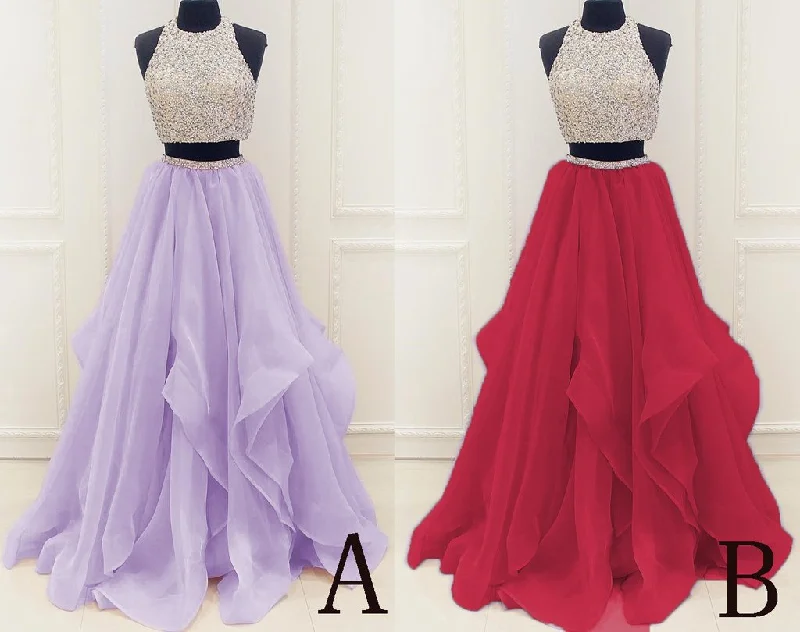 Two Piece High Neck Burgundy Prom Dress, Beaded Open Back Evening Gowns Gothic unclassified dresses