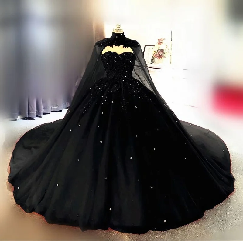 Vintage Gothic Style Black Quinceanera Dresses, Ball Gown With Cape Prom Dresses Mesh unclassified dresses