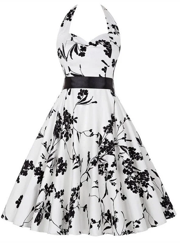 White Sleeveless Print Halter Dress Elegant floral dresses