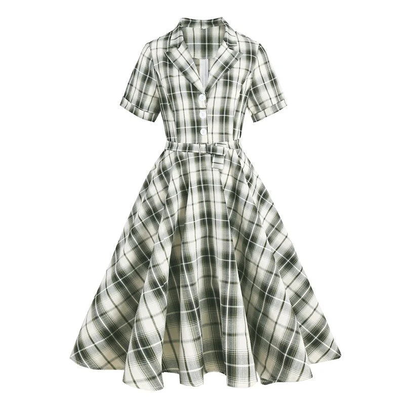 Women Green Plaid Rockabilly Vintage Notched Collar Buttons Elegant Belted A Line Retro Ladies Dresses Vintage unclassified dresses