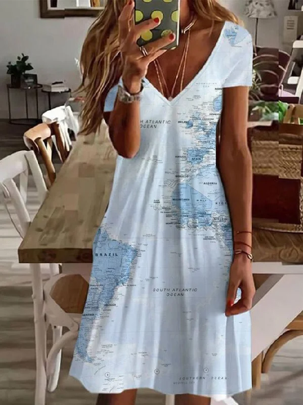 Women's Dresses Map Print V-Neck Short Sleeve Dress Women's floral dresses