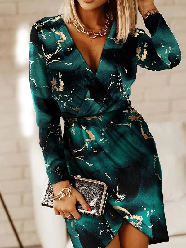 Women's Dresses V-Neck Long Sleeve High Slit Print Dress Formal floral dresses