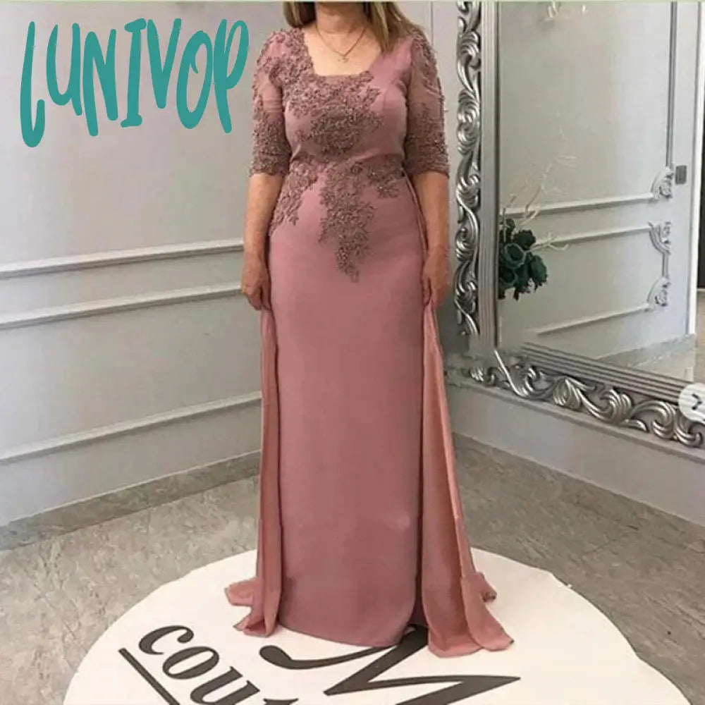 Lunivop Square Neck Appliques Lace Evening Dresses Floor-Length Sexy Mermaid Court Mother of the Bride Dress Custom for Mother Lace Dress for Weddings