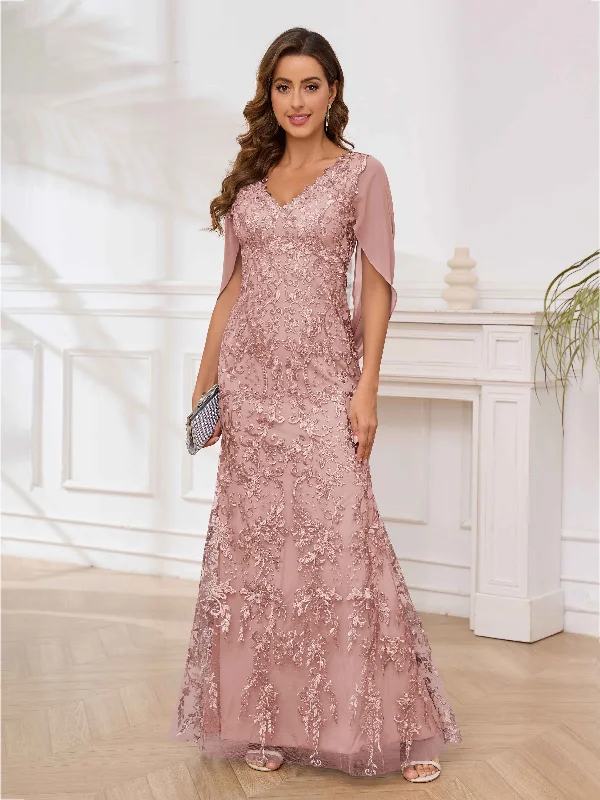 Madilynn Elegant V Neck Lace Appliques Sheath Mother of the Bride Dresses with Cape Lace Dress Bohemian