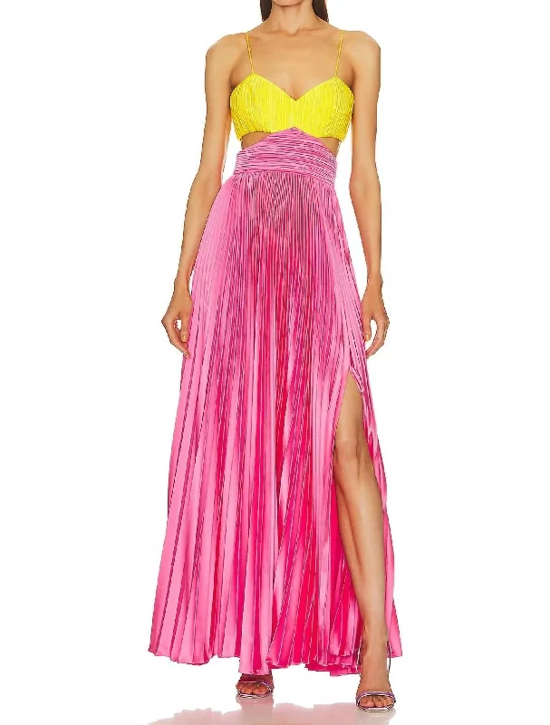 Gorgeous Satin Pleated Maxi Dress In Yellow Tag & Calla Lily Midi Maxi Skirt