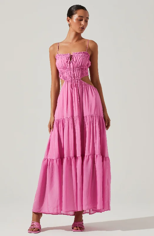 Odina Smocked Cutout Tiered Maxi Dress Pleated Floral Maxi