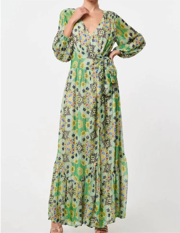 Shani Printed Shimmer Maxi Wrap Dress In Green Multi Summer Maxi Skirt