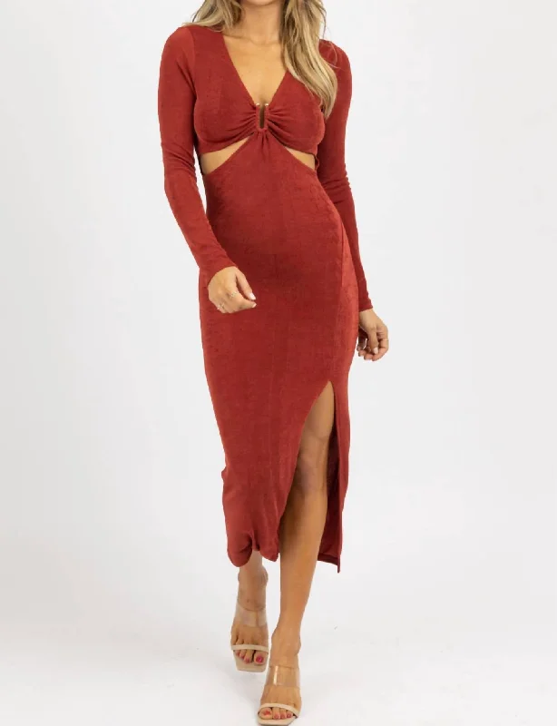 Cutout Slinky Side Slit Midi Dress In Wine Soft Pleated Midi