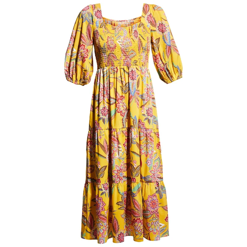 Johnny Was Women's Mladen Smocked Yellow Floral Midi Sundress Ruffled Midi Skirt