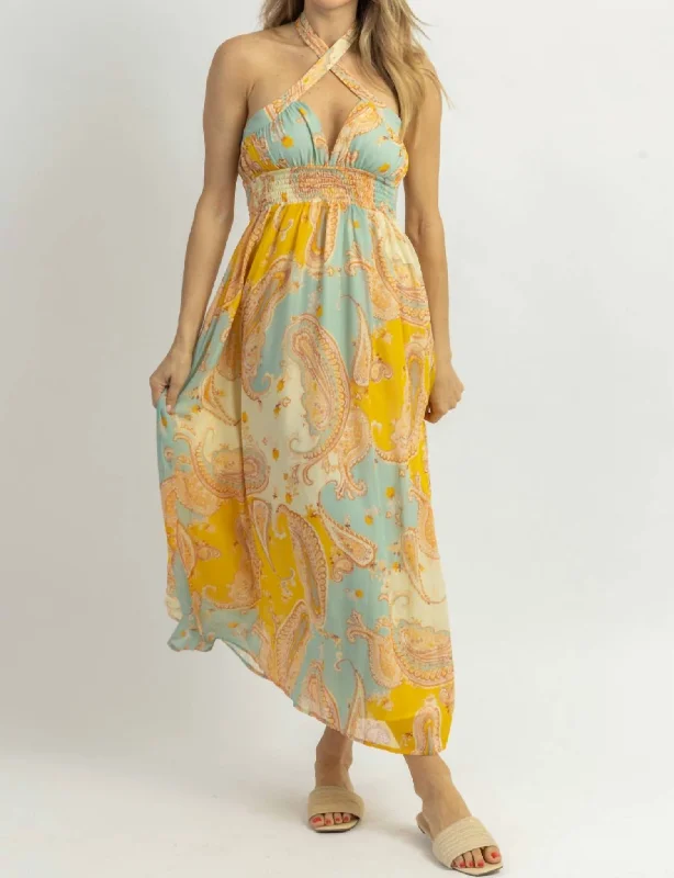 Lemonade Breeze Crossover Midi Dress In Yellow Elegant Satin Skirt