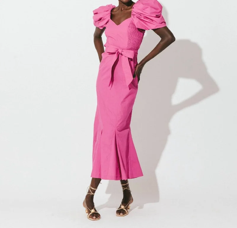 Malina Midi Dress In Bright Pink Soft Pleated Midi