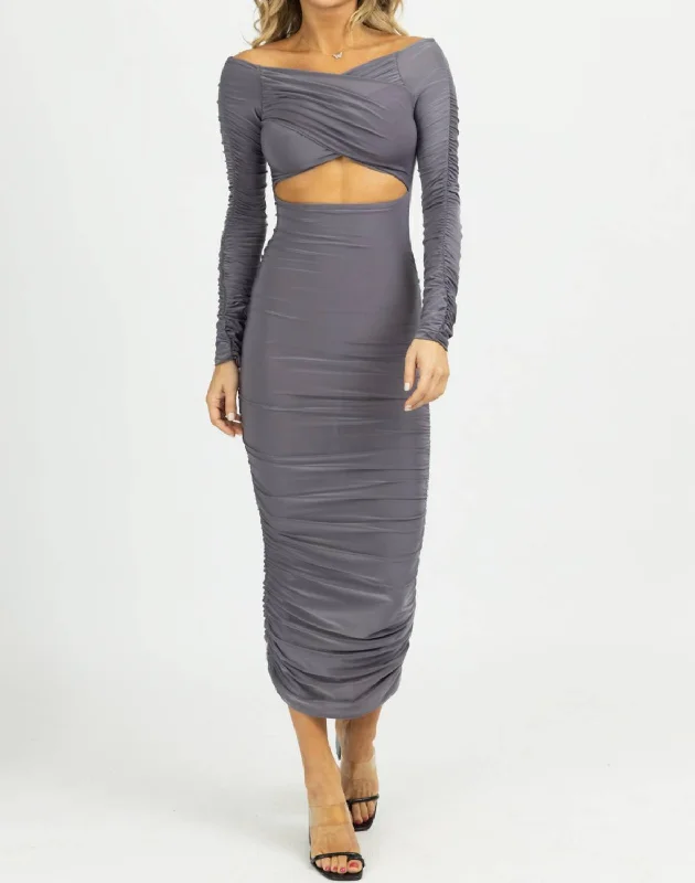 Off-Shoulder Shirred Slinky Midi Dress In Ash Sporty Midi Skirt