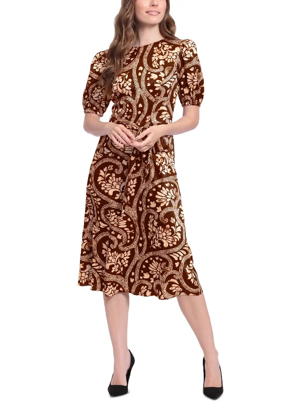 Petites Womens Puff Sleeve Printed Midi Dress Elegant Midi Skirt