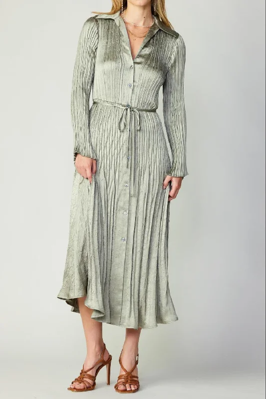 Pleated Midi Dress In Sage Soft A-line Skirt