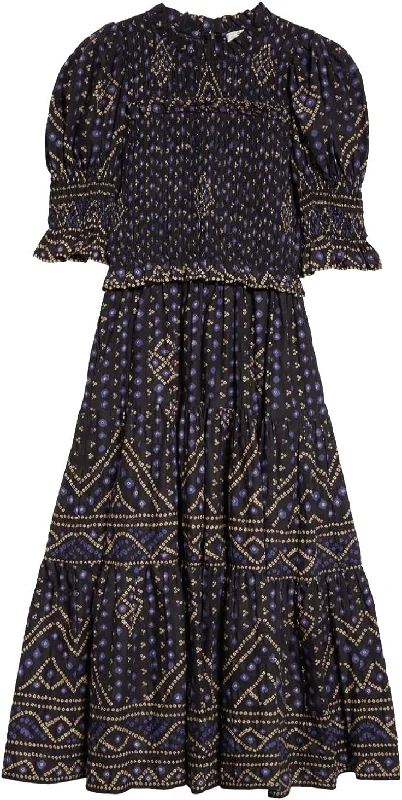 Sea Ny Women Delphine Pucker Cotton Puff Sleeve Smocked Midi Dress (D2) Blue Midi Skirt Style