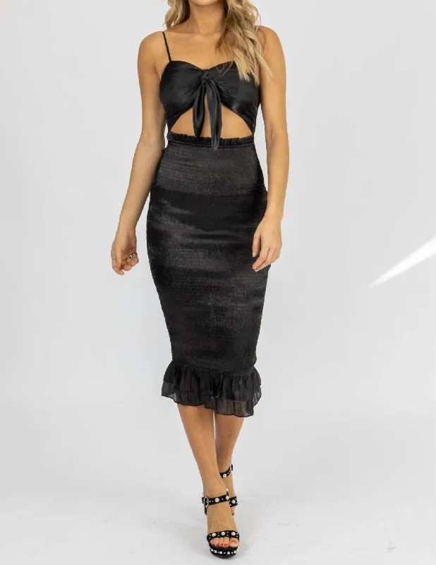 Silky Front Cutout Midi In Black Midi Skirt Party