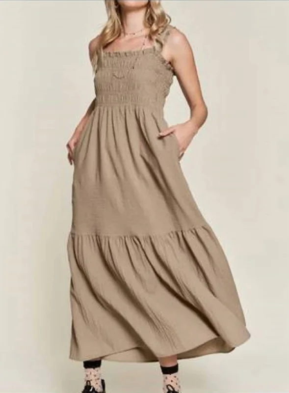 Smocked Tuffle Sleeveless Midi Dress In Taupe Trendy Midi Look