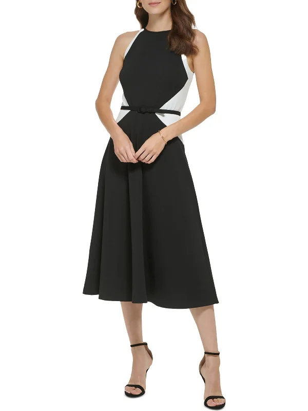 Womens Colorblock Halter Midi Dress Elegant A-line Skirt