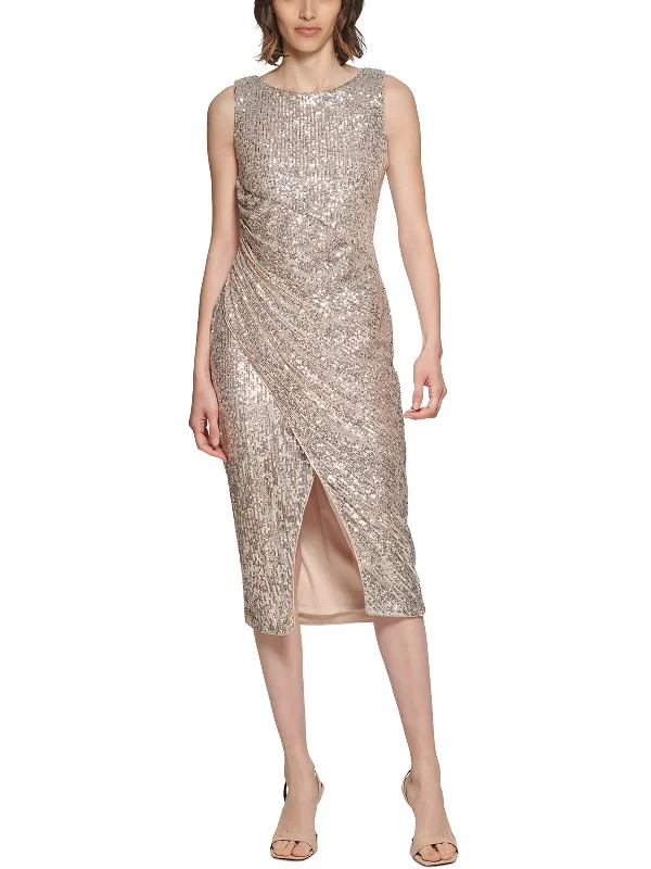 Womens Ruched Sequined Midi Dress Classic A-line Skirt