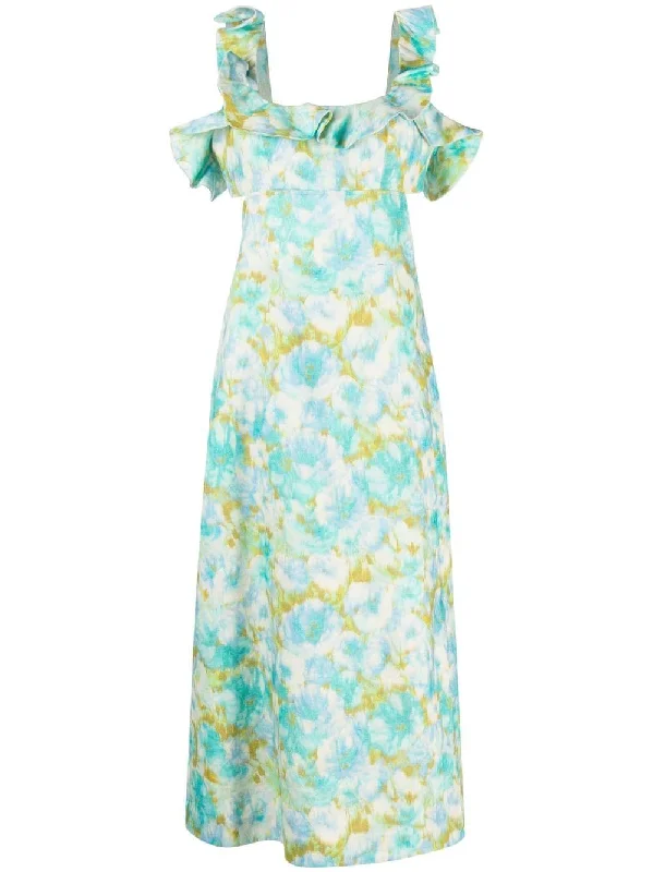 Zimmermann High Tide Frilled Midi Aqua Ikat Floral Soft Midi Skirt