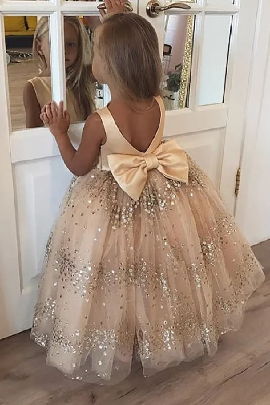 Ball Gown Champagne Sequins Bow Flower Girl Dress Bodycon Sequin Dress