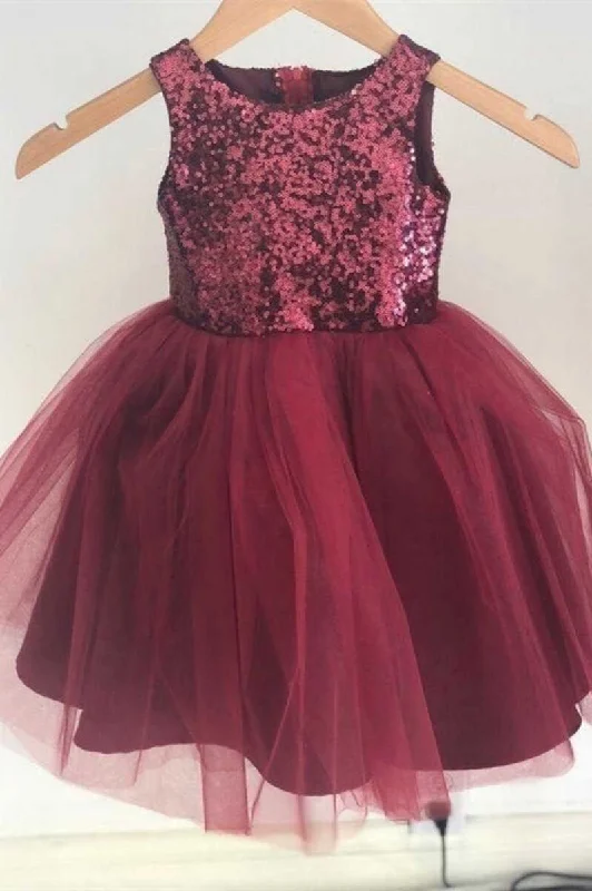 Burgundy Sequins Rounded Neck Flower Girl Dress Silver Sequin Dress