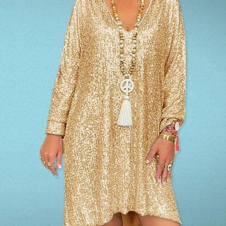 Casual Solid Color Loose Pullover Sequined Shirt V-neck Long Dress Sequin Dress Look