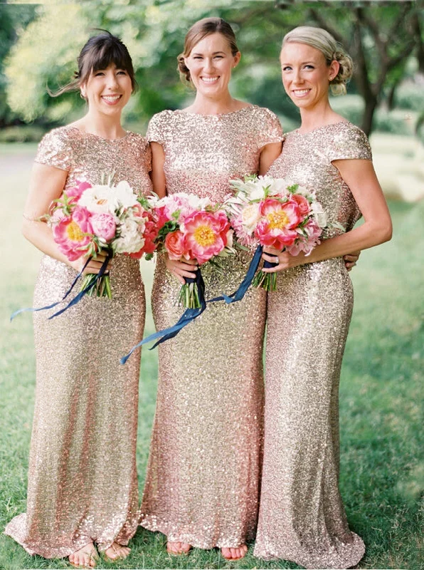 Chic Mermaid Long Sequins Rose Gold Bridesmaid Dress With Cap Sleeves Ruffled Sequin Dress