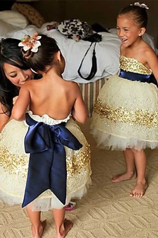 Cute Ball Gown Gold Sequins Flower Girl Dress with Bow Satin Sequin Dress