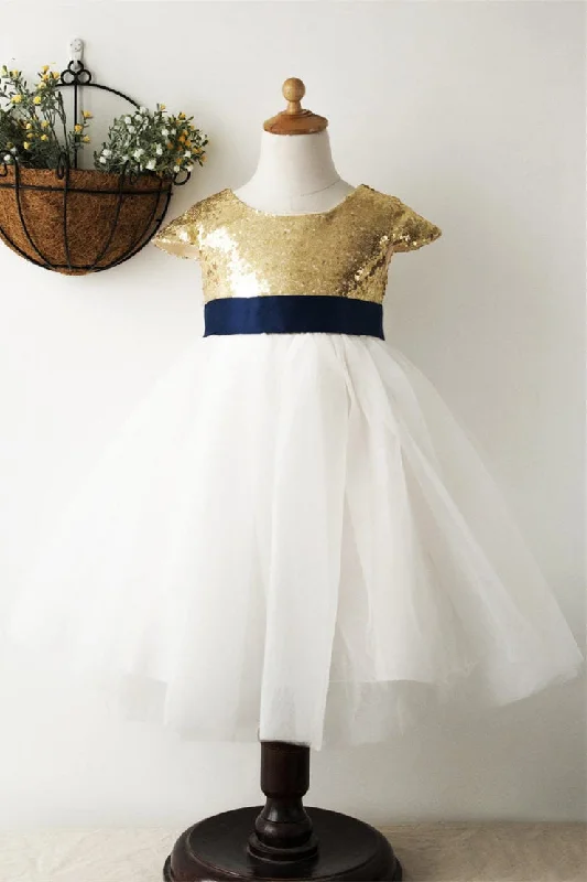 Cute Gold Sequined Top Flower Girl Dress Sequin Dress Sleeveless