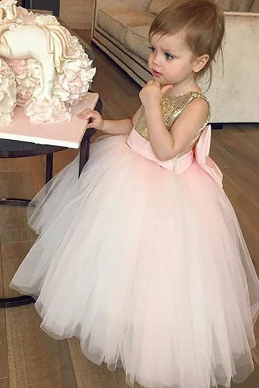 Cute Gold Sequins and Pink Tulle Flower Girl Dress with Bow Sequin Gown Chic