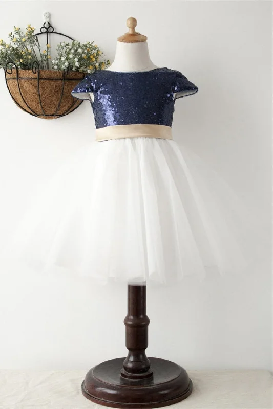 Cute Navy Blue Ball Gown Sequined Flower Girl Dress Sequin Dress Sexy