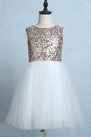 Cute Sequins White Tulle Flower Girl Dress Sequin Shift Gown