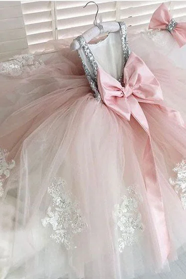 Cute Silver Sequins Pink Flower Girl Dress with Bow Knot Lush Sequin Dress