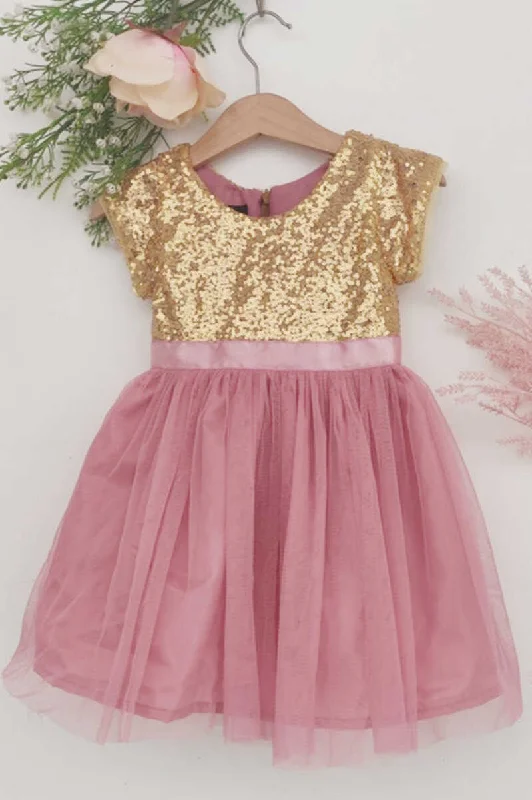 Dusty Pink Sequins Short Sleeve Flower Girl Dress Sequin Dress Chic