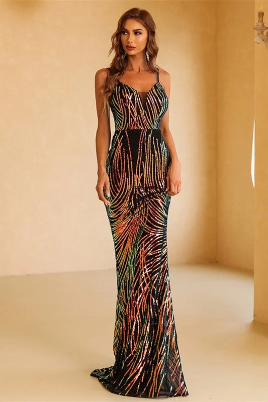 Elegant Black and Sequins Mermaid Long Evening Dress Black Sequin Dress