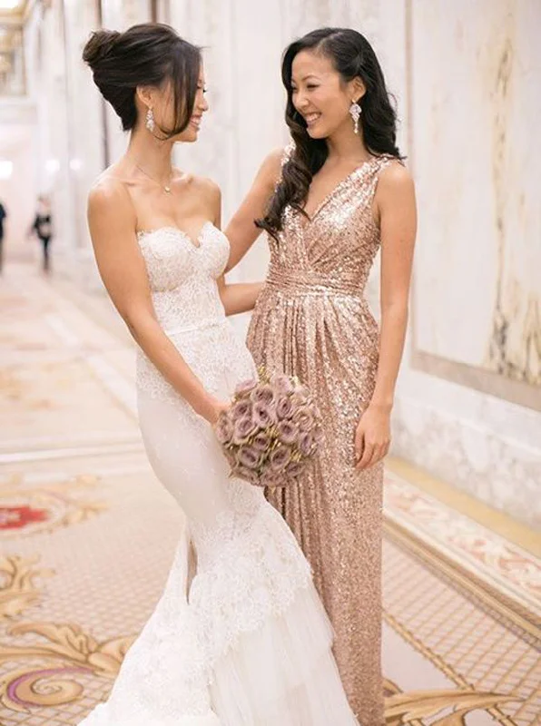 Elegant V-Neck Floor Length Sequins Gold Bridesmaid Dress Sequin Dress Night