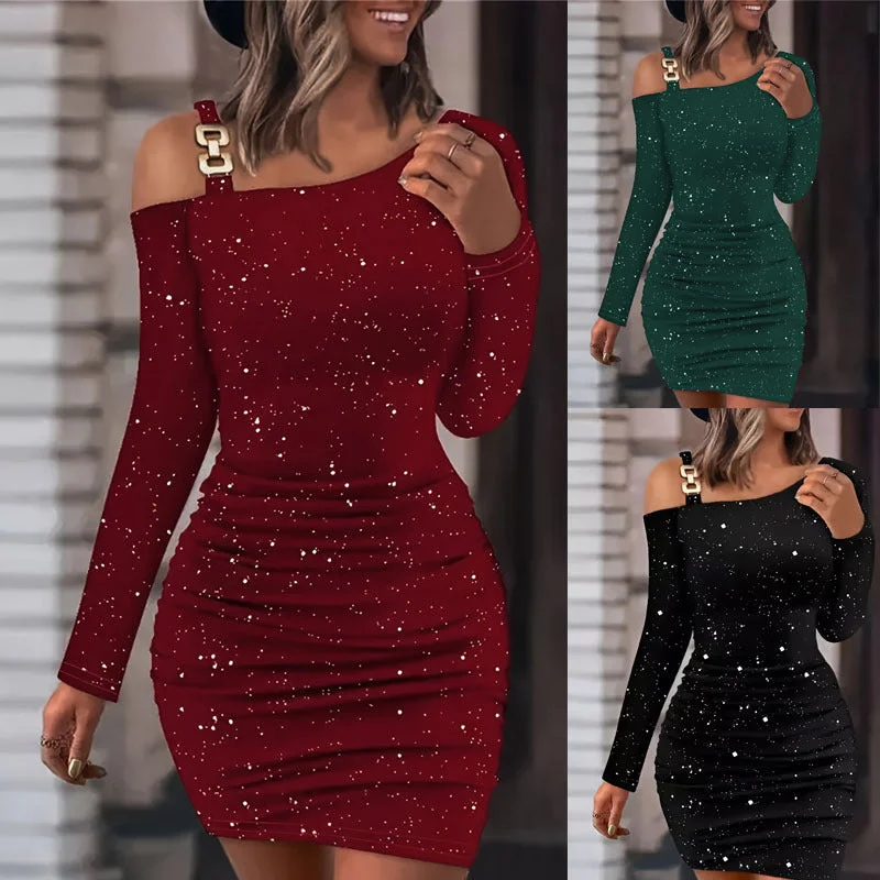 European And American Solid Color Sequins Slim Fit Dress V-neck Sequin Dress