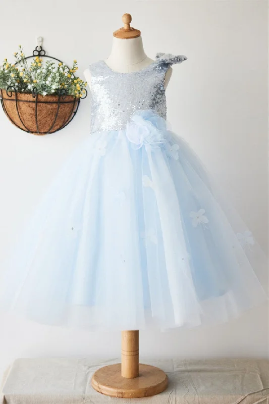 Glitter Baby Blue Sequined Tulle Flower Girl Dress Strapless Sequin Dress