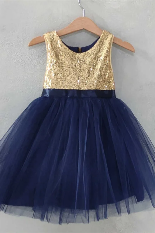 Gold&Navy Blue Sequins Banded Waist Flower Girl Dress Sequin Maxi Dress