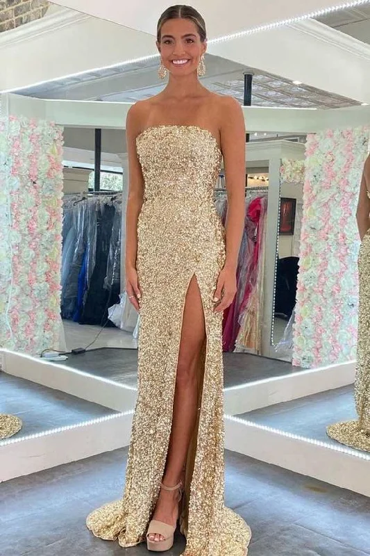 Gold Sequin Strapless Backless Mermaid Prom Dress Y48 Sequin Maxi Dress